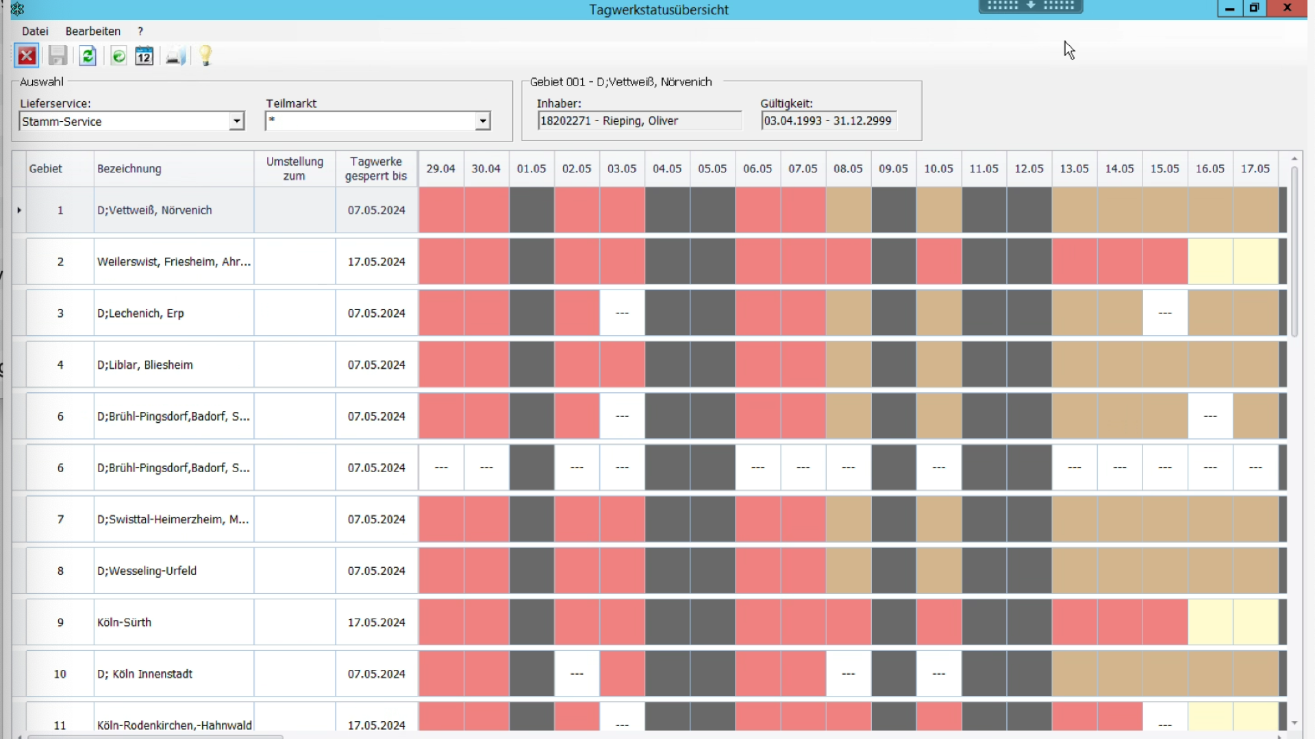 Legacy software screenshot showing historical module depth and complex UI state