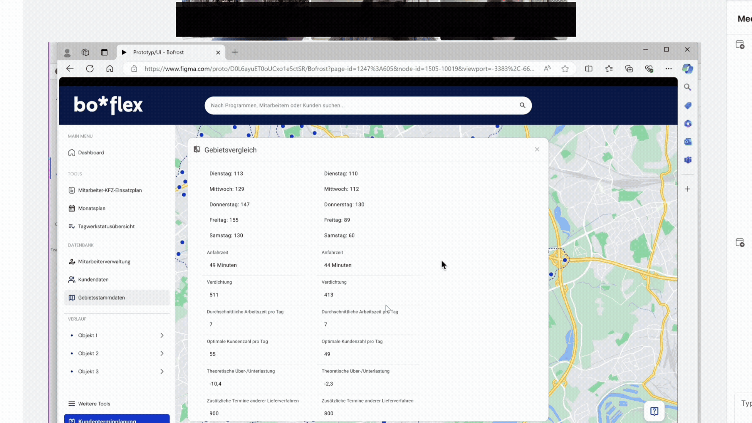 Remote usability test session in the Boflex Figma prototype with planning dialogs, table interactions, and navigation flow checks.