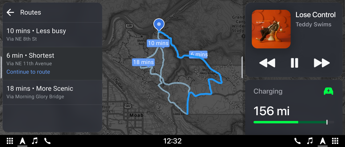 CID concept: route comparison on the left, map in the center, media and charging status cards on the right